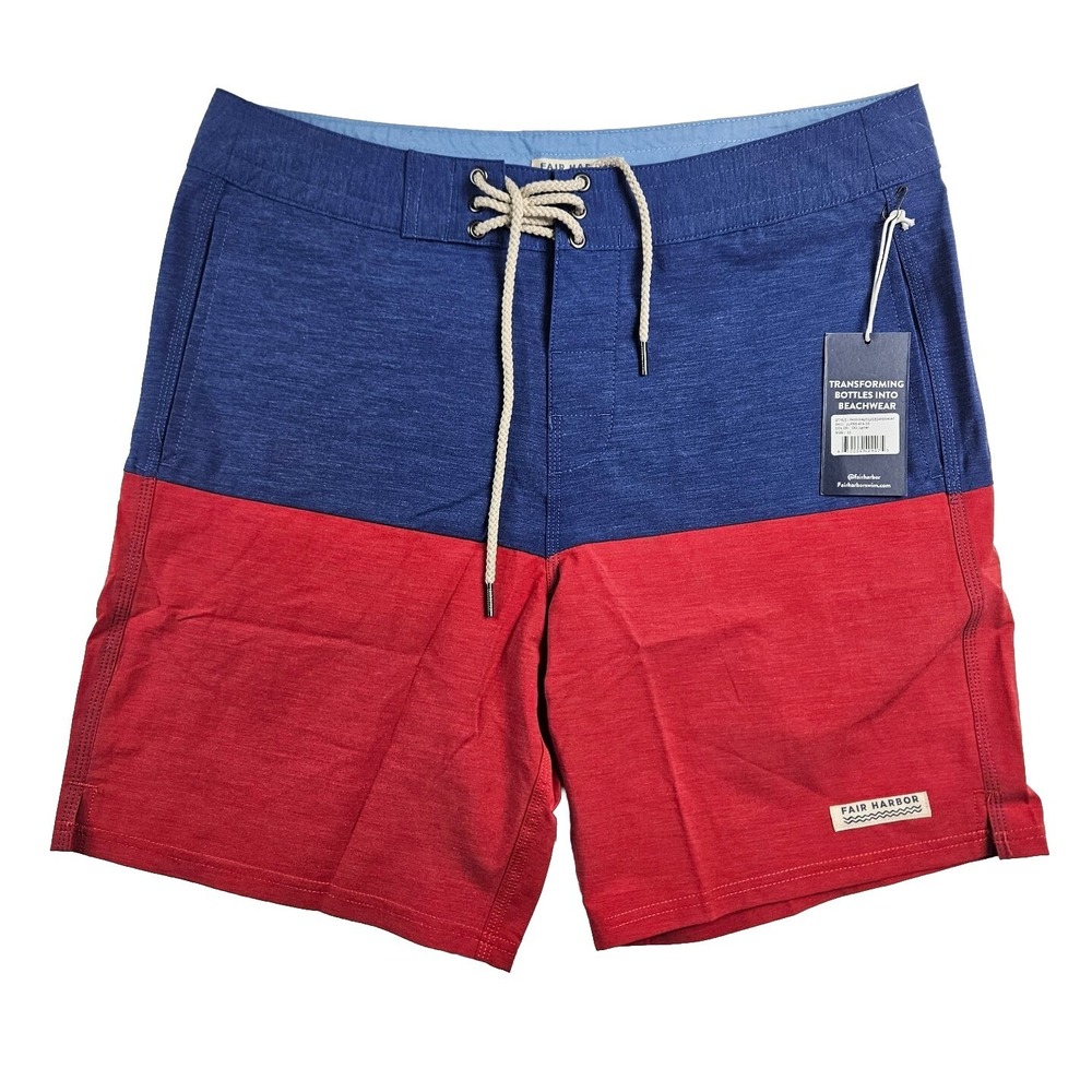 Fair Harbor Men's 33 Blue Red Nautilus Boardshort Colorblock Swim Trunks Shorts